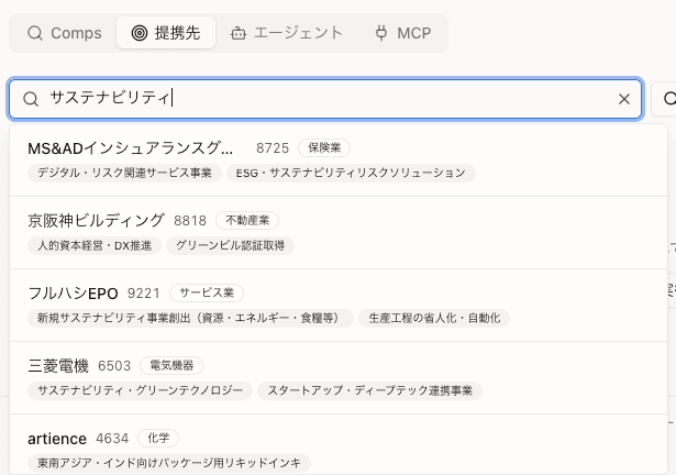 提携先タブで「サステナビリティ」キーワード検索を行い、MS&ADインシュアランス・京阪神ビルディング・フルハシEPO・三菱電機などの注力領域に該当する上場企業がヒットしている画面